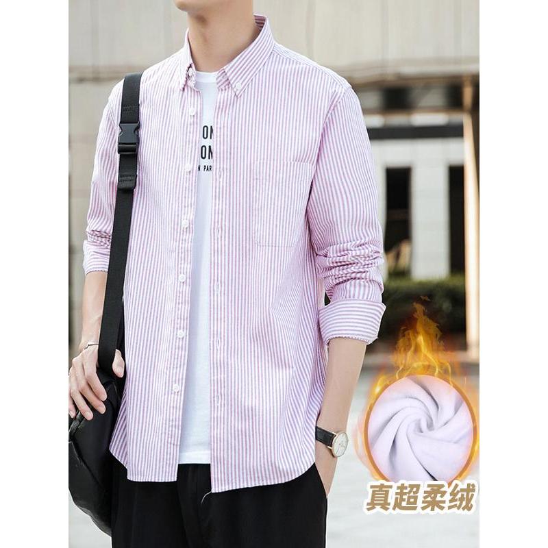 Camisa quente de inverno masculina de manga comprida solta listrada camisa de algodão puro roupas masculinas forro de lã