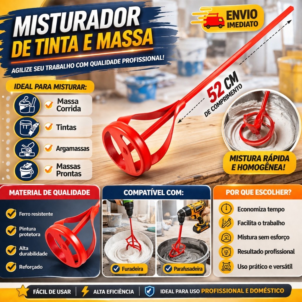 Misturador Profissional 52cm para Tinta Massa Argamassa para Furadeira