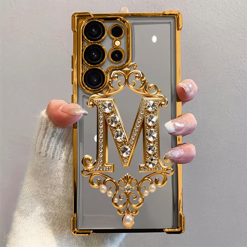 Diamante Dourado " M " Padrão Caso Para Samsung Galaxy A55 A54 A53 A35 A36 5G S24 S26 S25 Ultra S23 FE S22 Plus Capa