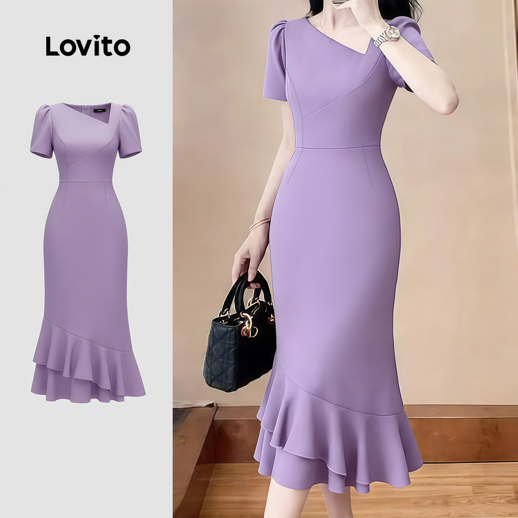 Lovito Vestido Elegante com Babados e Barra Assimétrica Primavera/verão Roxo para Mulheres LK4ED730 em Oferta na Shopee