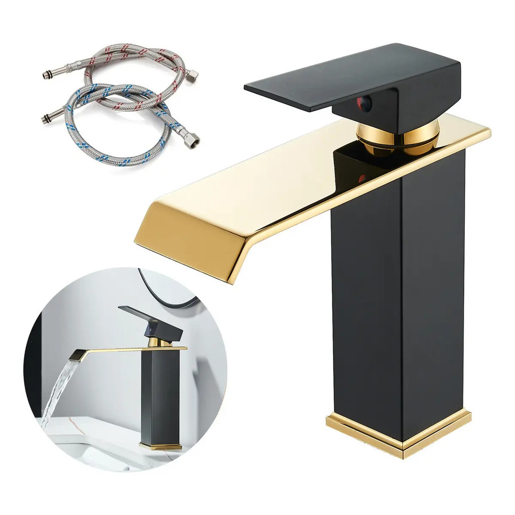 Torneira para Banheiro Cascata Preta e Dourada em Aço Design Moderno
