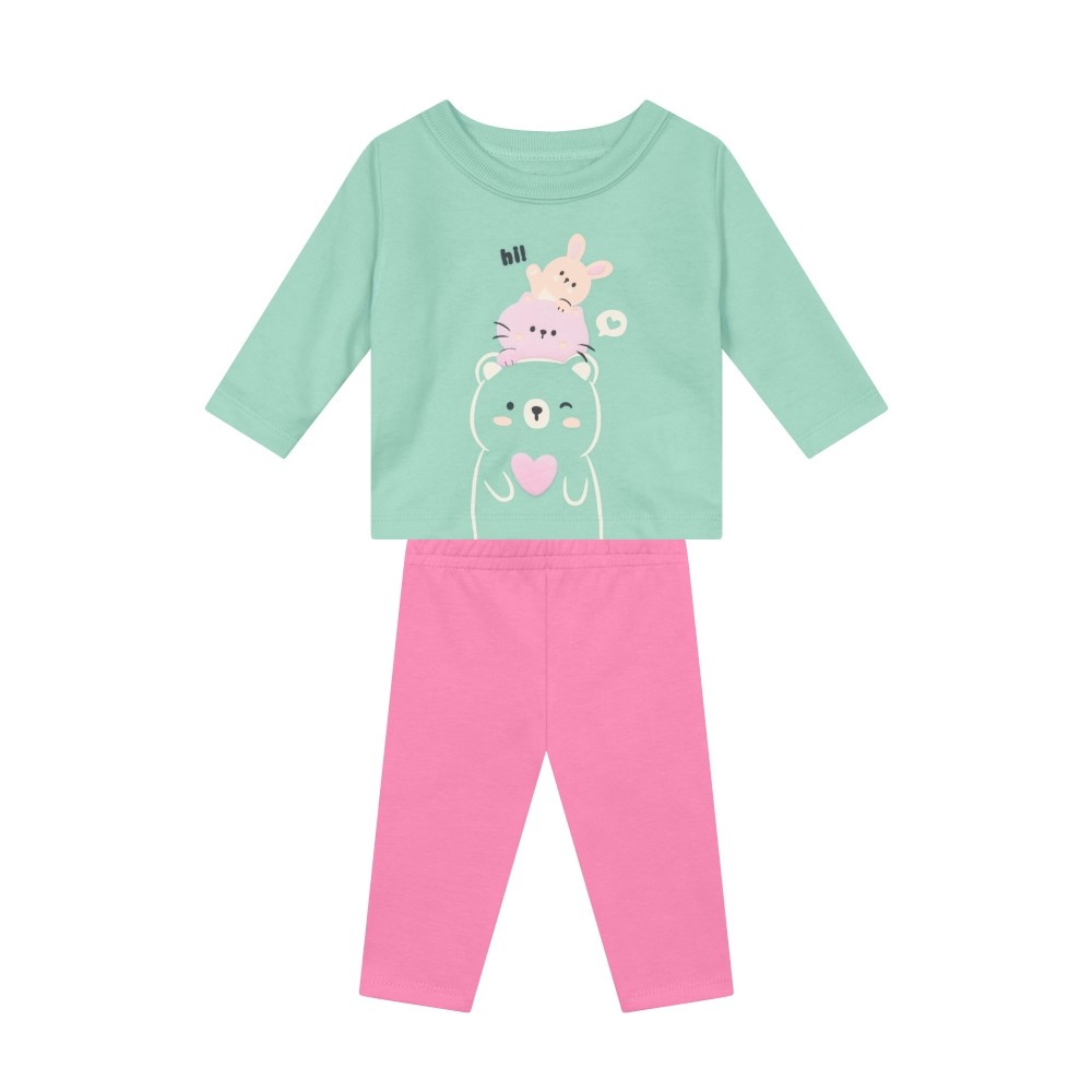 Conjunto Infantil Menina Brandili Inverno com Calça Legging Rosa e Moletom Flanelado Bichinhos
