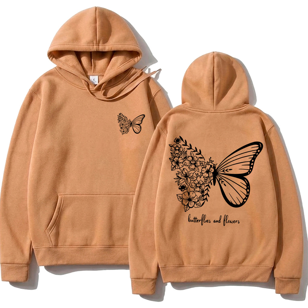 Moletom Feminina Flanelado Canguru Estampada Borboleta Flor Fofa Capuz Inverno Look Casaco Abrigo