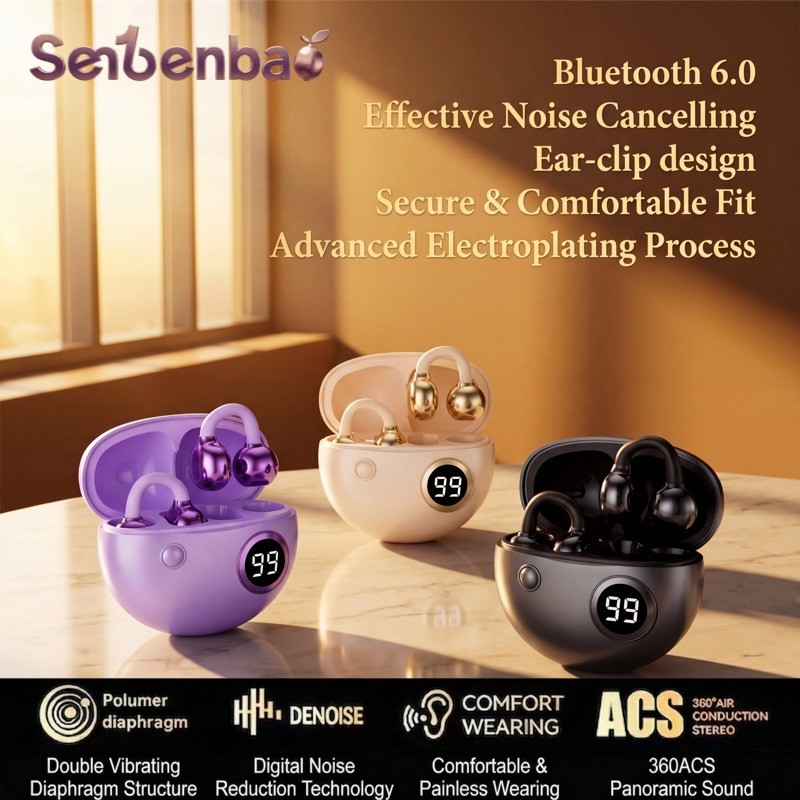 Senbenbao B22 Fones De Ouvido Abertos Clipe Bluetooth 5.4 Alta Fidelidade Estéreo ANC HD Microfone Superfície Brilhante 