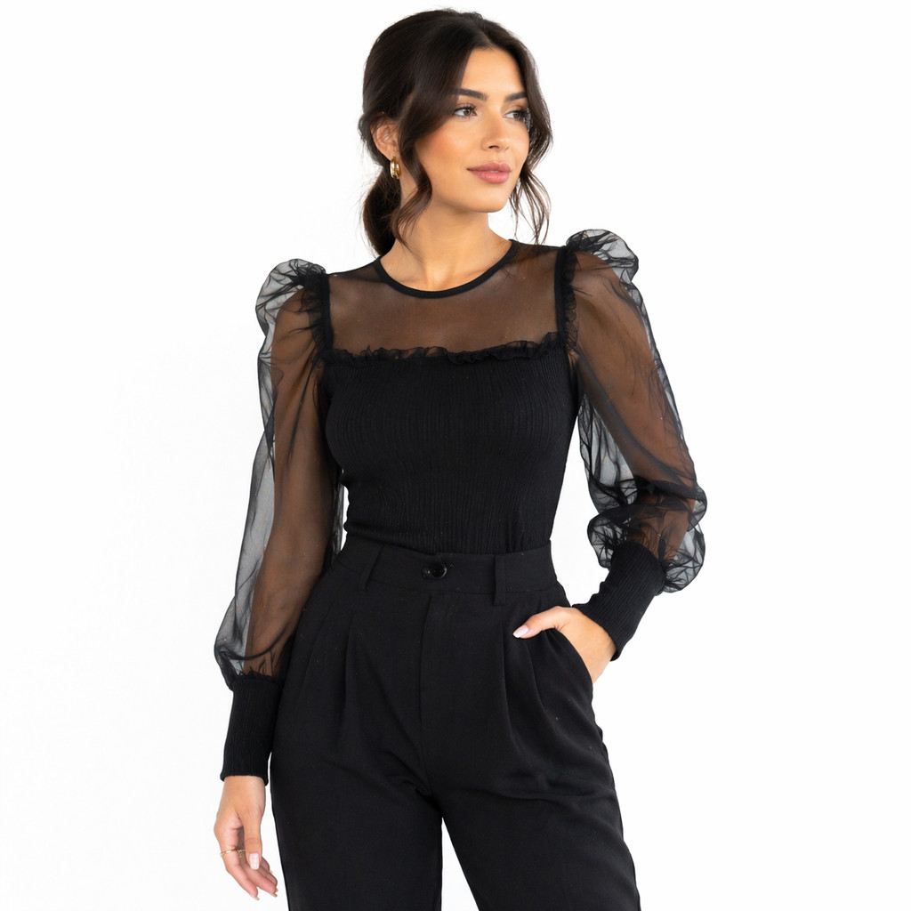Blusa Feminina Manga Princesa Tule Gola Redonda Elegante Casual X8123