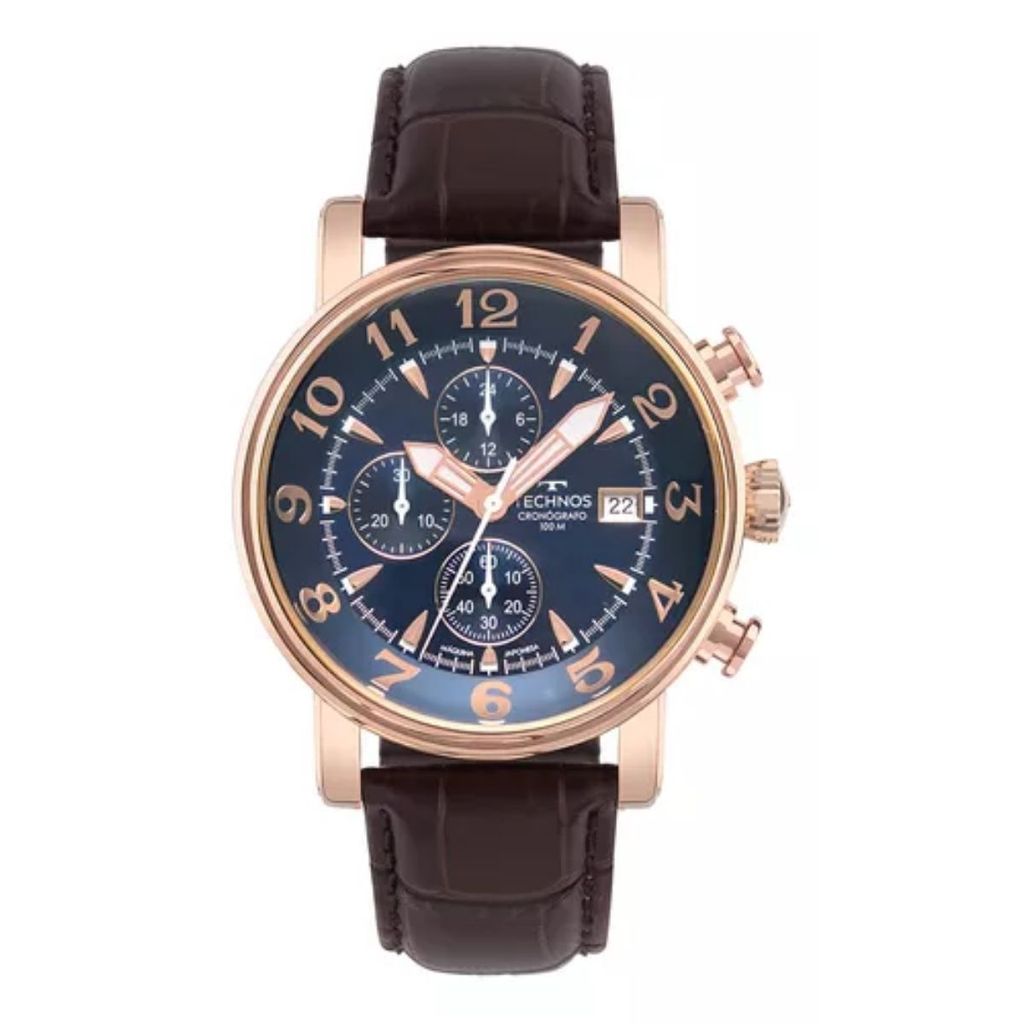Relógio Masculino Technos Grandtech Rosé Aço Inox Pulseira Couro Analógico Original JS15ENC0A