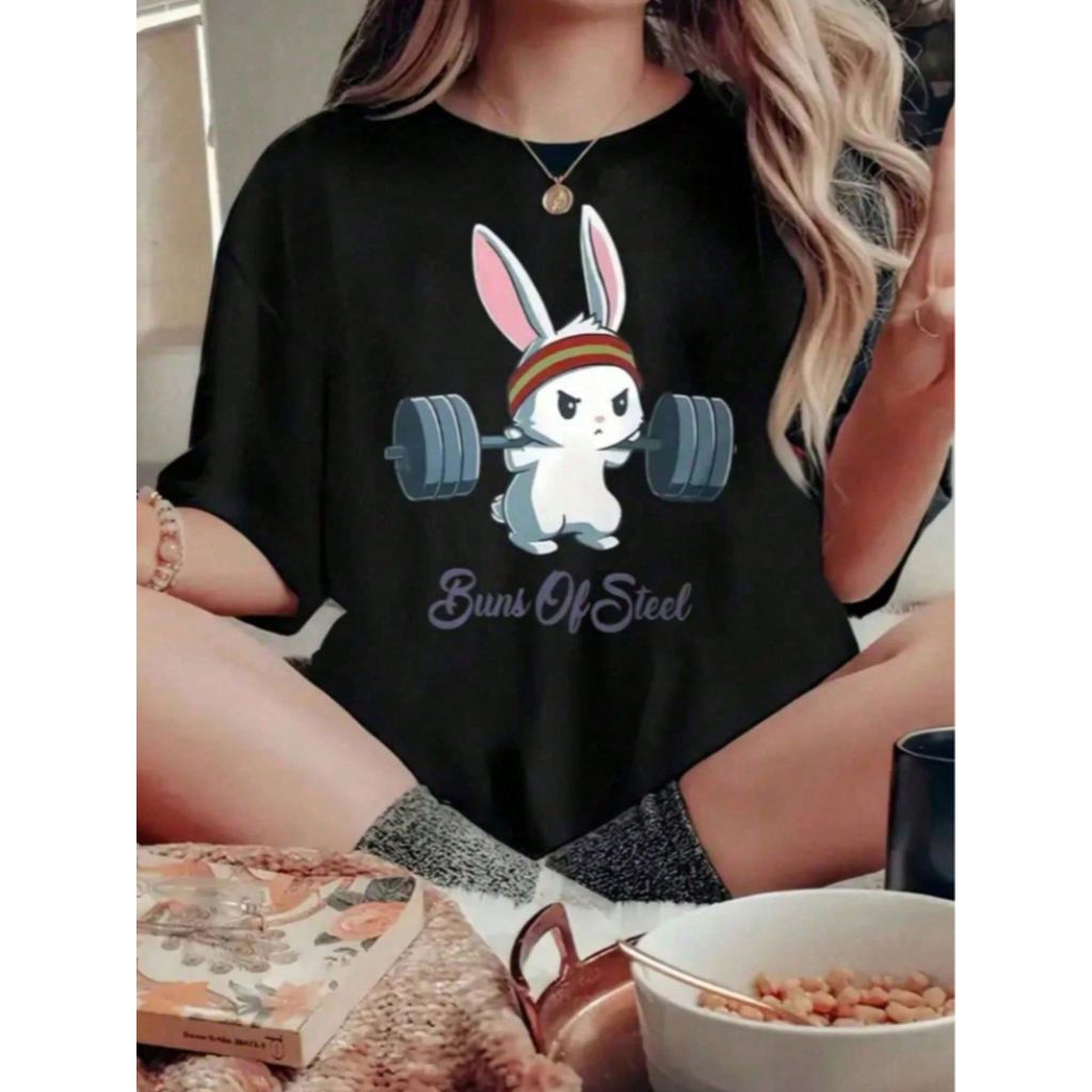 Camisa Feminina Estampada Coelho Academia 100% Algodão Confortável Camisa Manga Curta