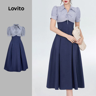 Lovito Tecido Elegante de Costura de Vestido Azul-marinho primavera/verão L165ED1571 em Oferta na Shopee