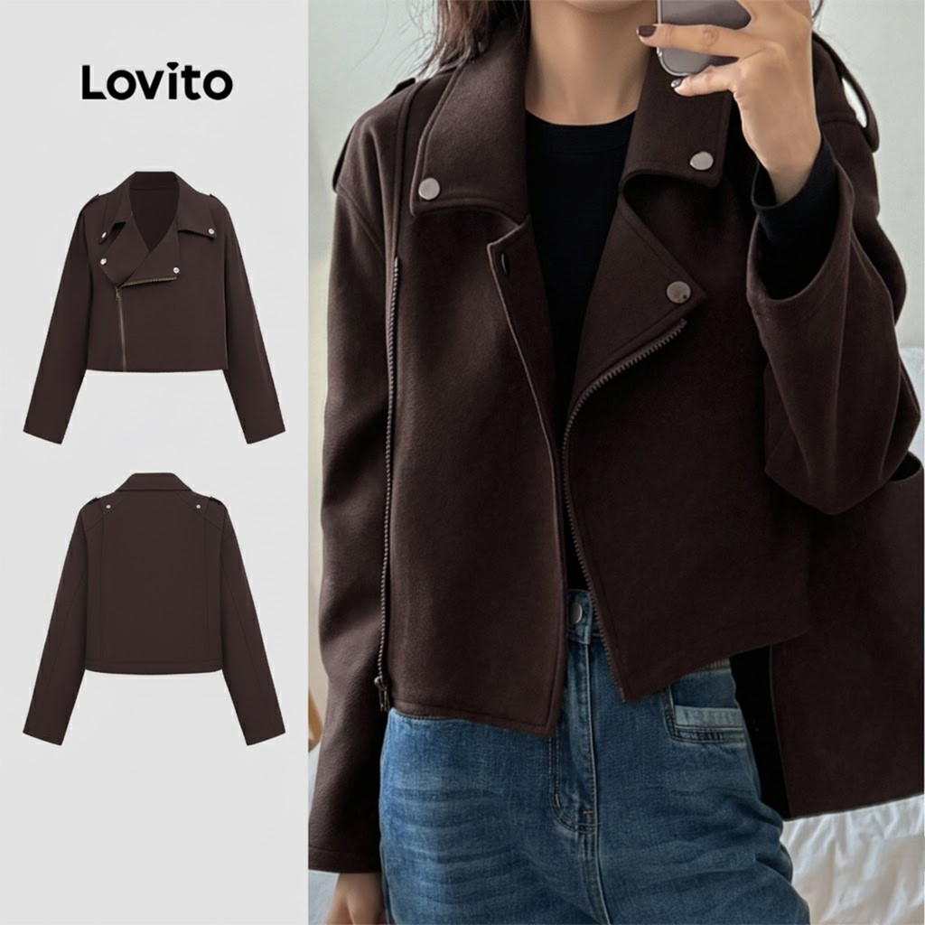 Lovito Jaqueta Casual com Zíper Primavera/verão Marrom para Mulheres L164ED250 em Oferta na Shopee
