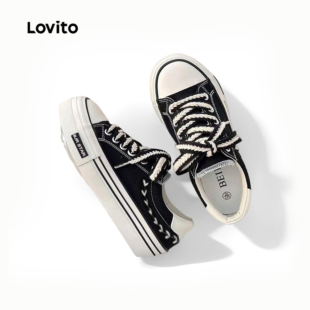 Lovito Tênis de lona grossa com cadarço liso e bloco de cores respirável e sola macia para mulheres LFA49131 em Oferta na Shopee