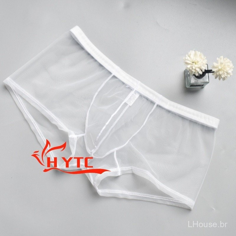 Cueca boxer masculina ultrafina, respirável, Sexy, transparente, boxer