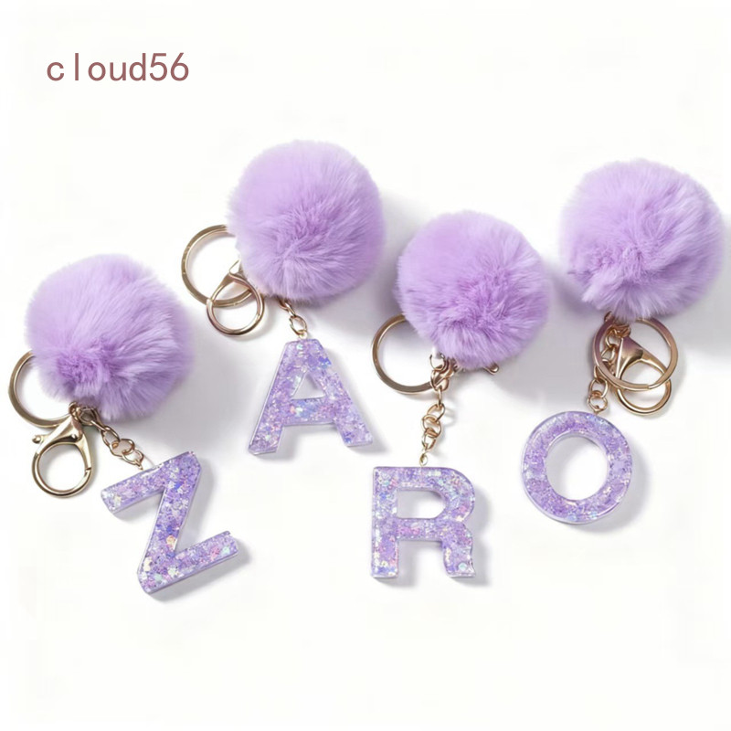 BH Novo 26 Letras Adorável Glitter Inicial Chaveiro Resina Espumante Alfabeto Pingente Com Pompom Fofo Encantos Presente