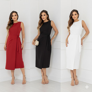 Vestido Feminino Alfaiataria Midi Com Amarração Lateral Elegante Social Casual em Oferta na Shopee