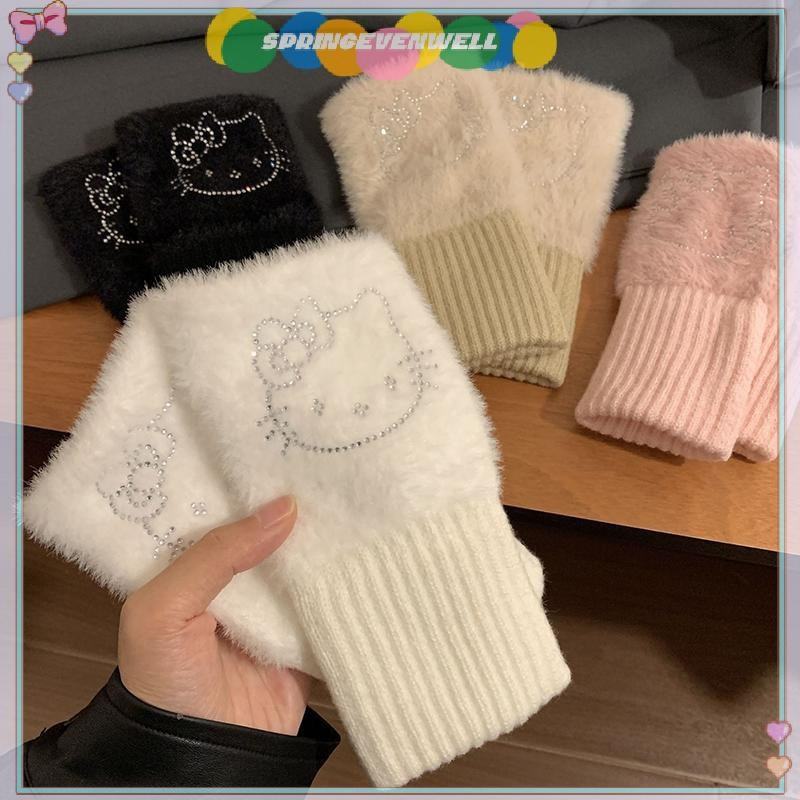 [springevenwell] Luvas Kawaii Hello Kitty Sanrio KT Cat Anime Girls Hot Stamping Bow De Meio Dedo Resistentes Ao Frio Ma