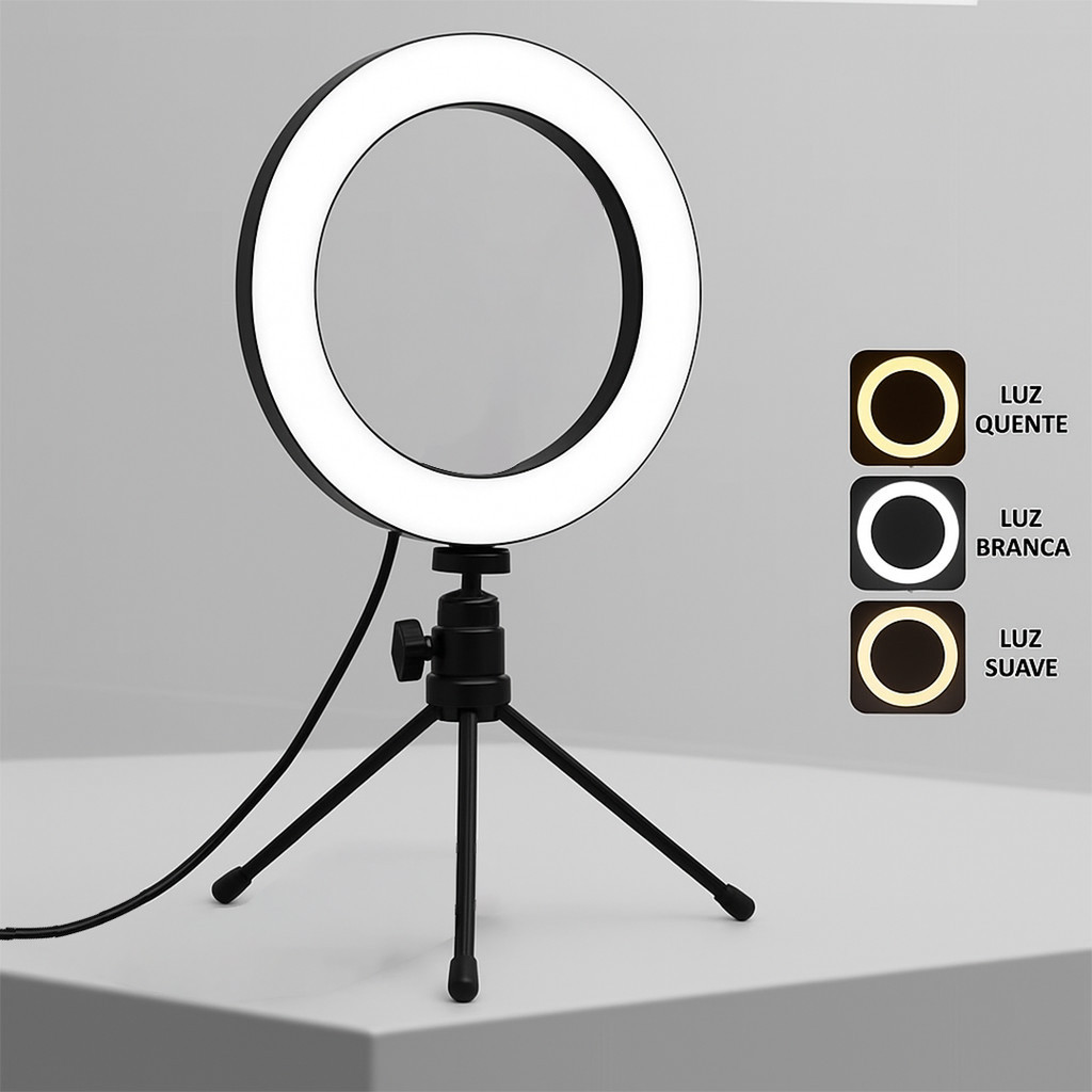 Ring Light LED Iluminador Portatil Com Tripé Suporte Para Celular 6 Polegadas