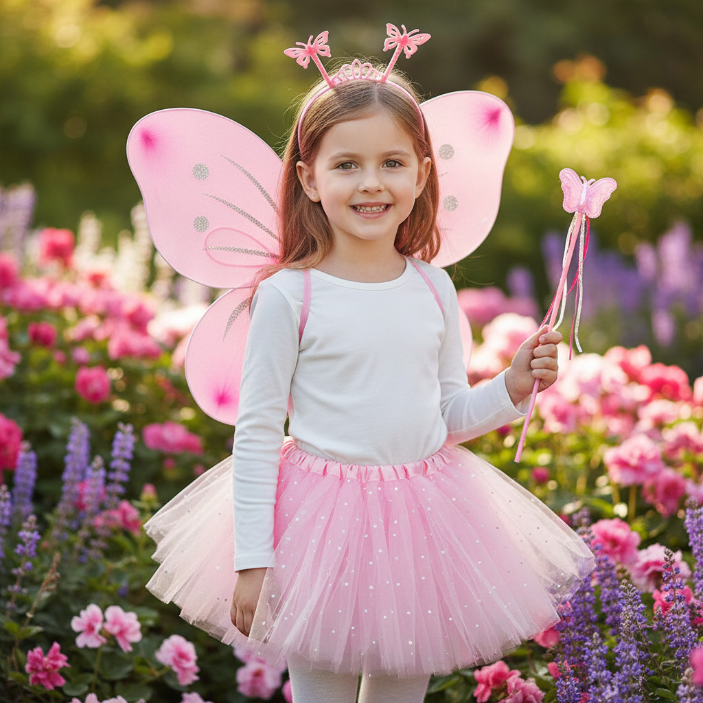 Fantasia de Fada Infantil Saia Tule Asa Tiara Varinha Festa Kit 3 Pç Aniversário