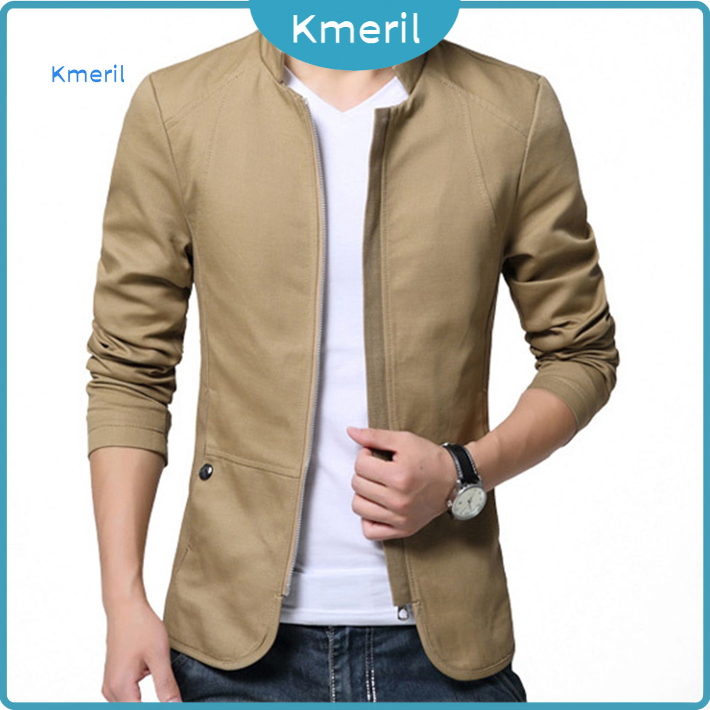 Casual Masculino Outono Cor Sólida Gola Com Zíper Bolsos Fino Blazer Casaco