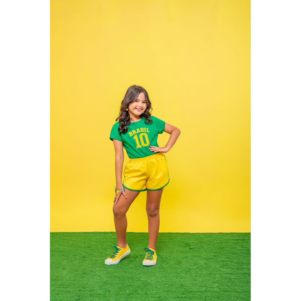 Conjunto Infantil Menina Seleção Brasileira Torcida do Brasil Copa do Mundo Verde E Amarelo