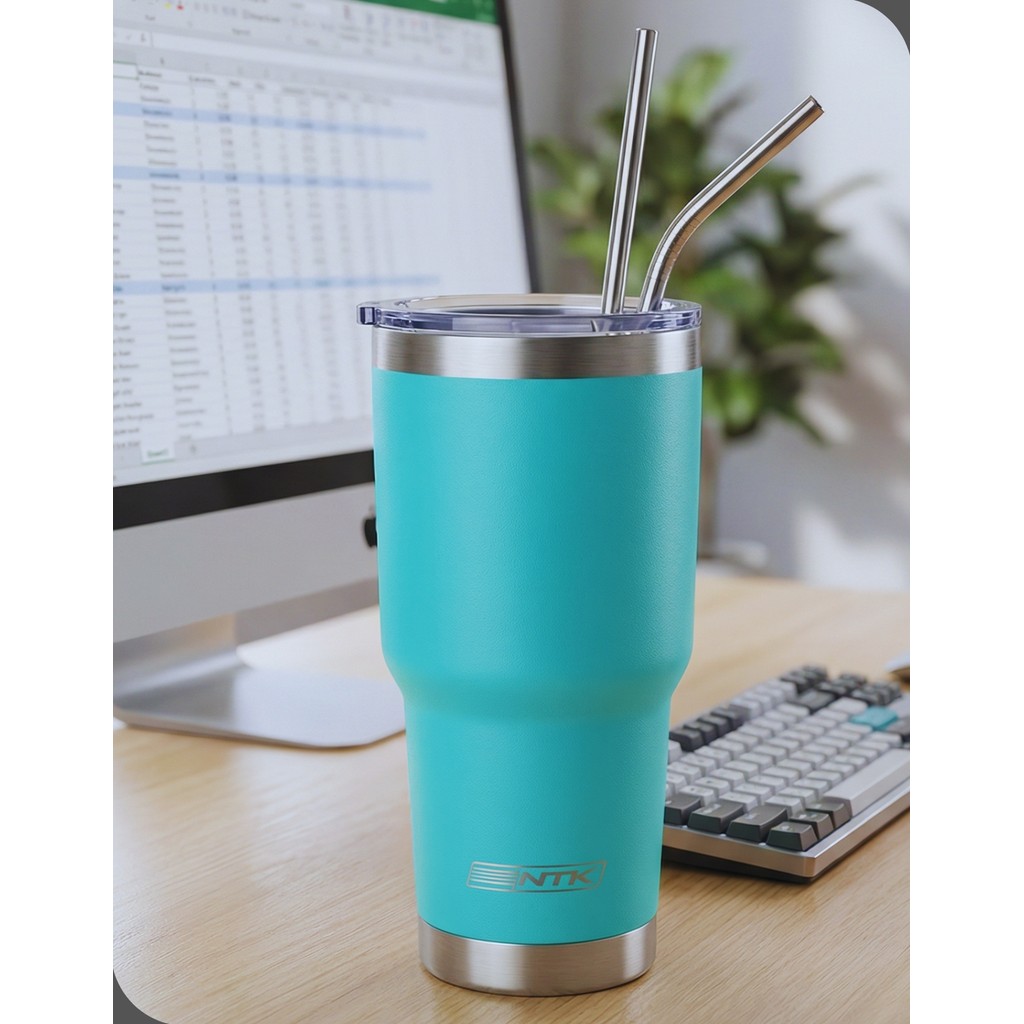 Copo Térmico NTK Siluet 850ml Inox Turquesa com Tampa Canudos e Escova