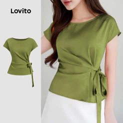 Lovito Elegante Blusa com Amarração e Pregas Primavera/verão Verde para Mulheres Bordado L178ED1194