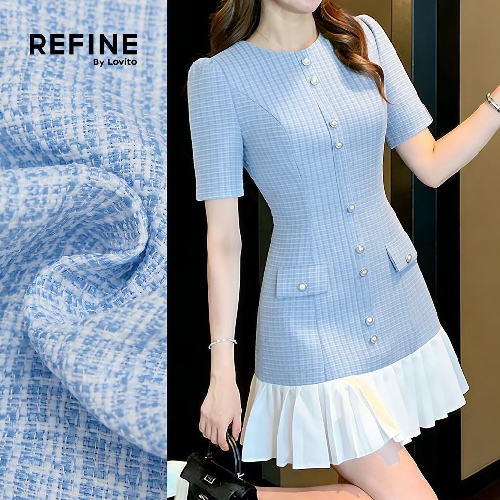 (Refine by Lovito) Vestido Elegante com Tecido Bicolor Detalhes Plissados Azul P