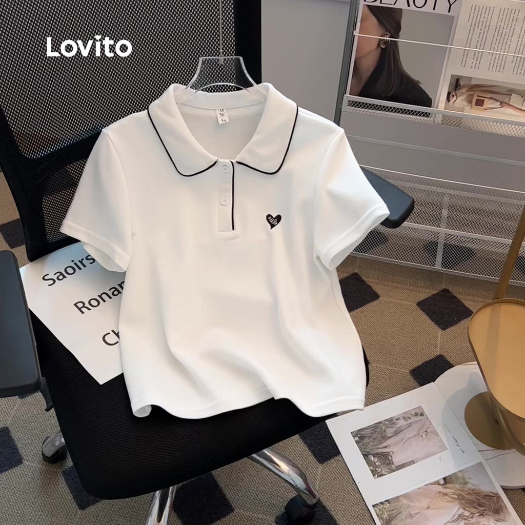 Lovito Casual Camiseta Branca Com Detalhes Contrastantes Para Mulheres Ideal Par