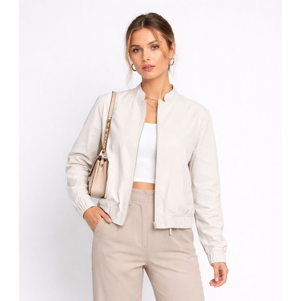 Jaqueta Feminina Bomber Em Sarja Com Bolsos Aishty Bege em Oferta na Shopee