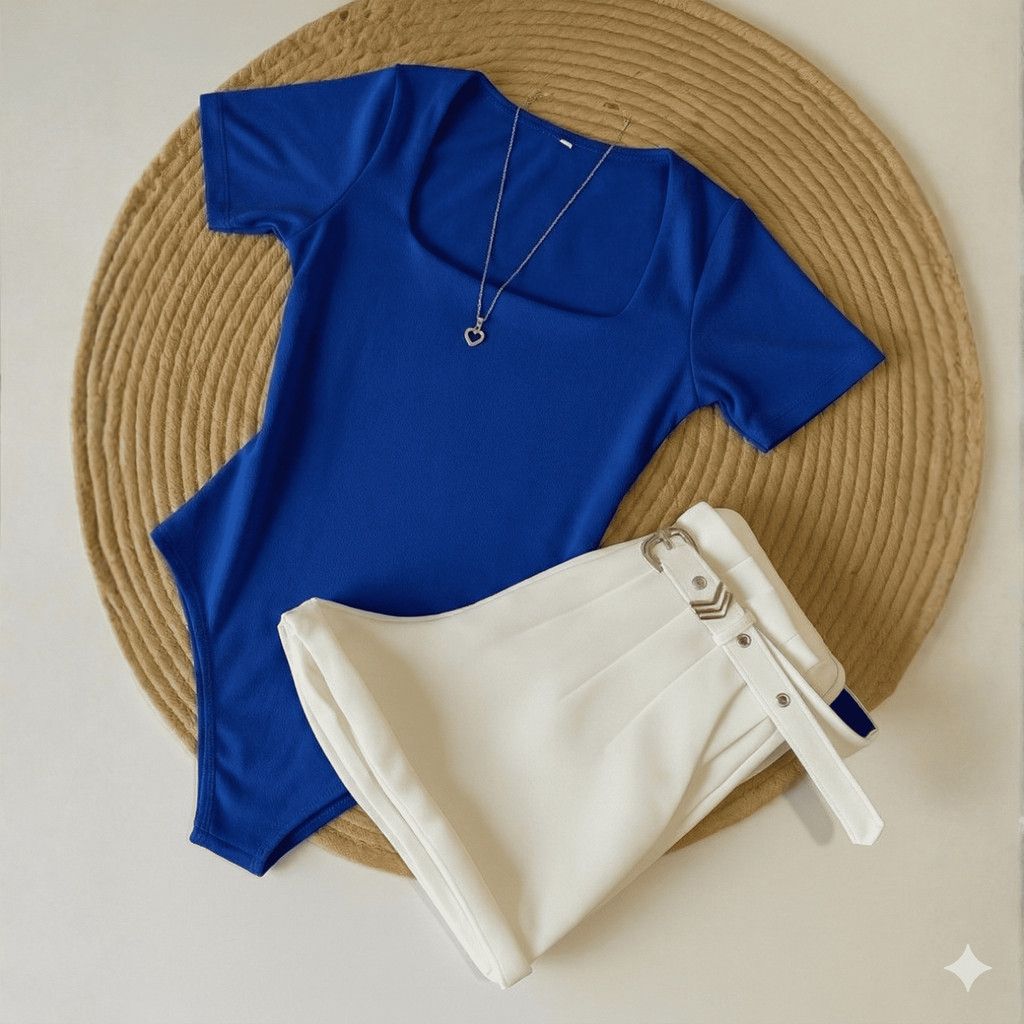 Kit Conjunto 1 Body Gola QUADRADA Colors + Short BRANCO em Alfaiataria com cinto Moda Blogueira Tendencia 2026