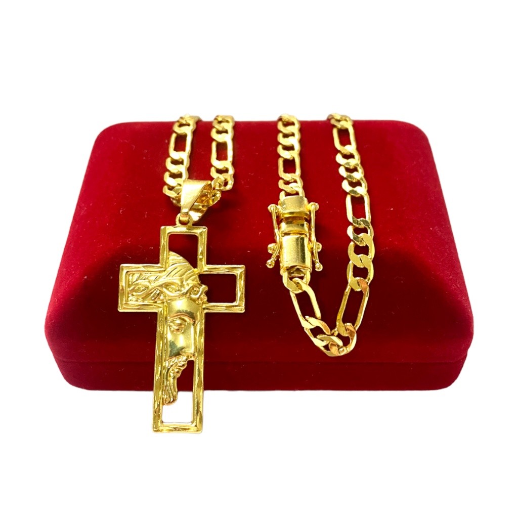 Cordão Banhado em Ouro 18K 3x1 4MM CRUZ COM ROSTO DE JESUS - BANHO DE OURO 18K UNISSEX FEIXO GAVETA