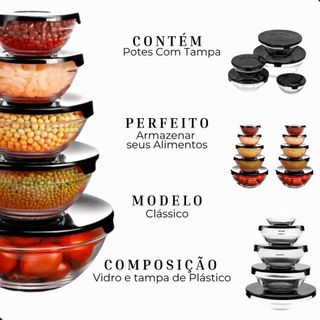 Conjunto 5 Potes Em Vidro Com Tampa Vasilhas Tigelas Bowls Marmita Para Armazenamento De Alimentoss