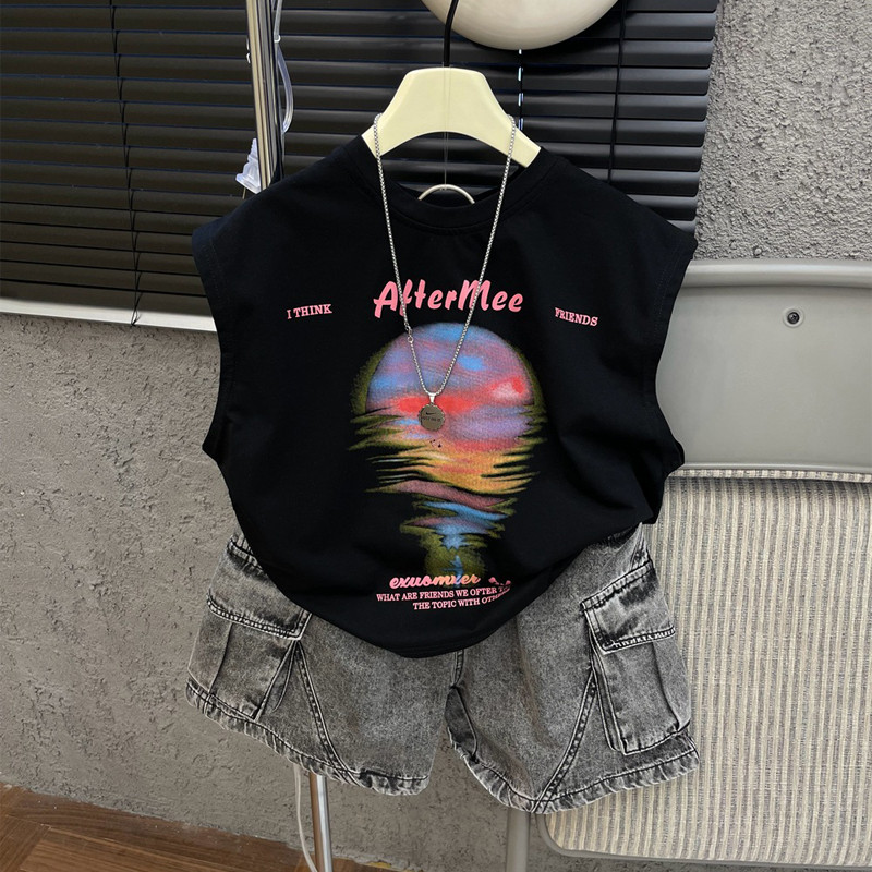 2026 verão novo estilo meninos estilo coreano Casual sem mangas camiseta pequeno médio pequeno crianças moda colete solt