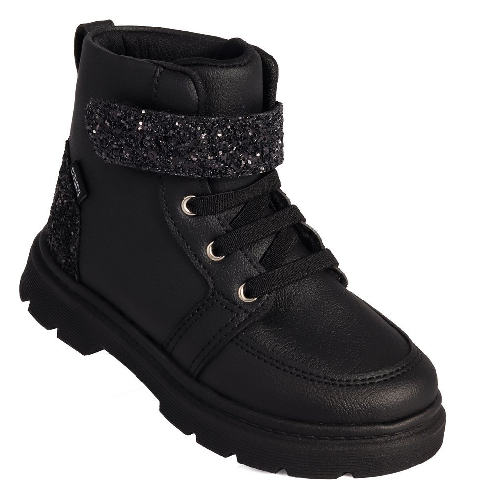 Bota Coturno Infantil Menina Klin London Tratorada com Glitter Preto Anatômico O