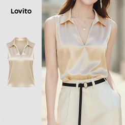 Lovito Elegante Top para O Trajeto Top Champagne Refinado para a Primavera/verão feminino LK4ED893