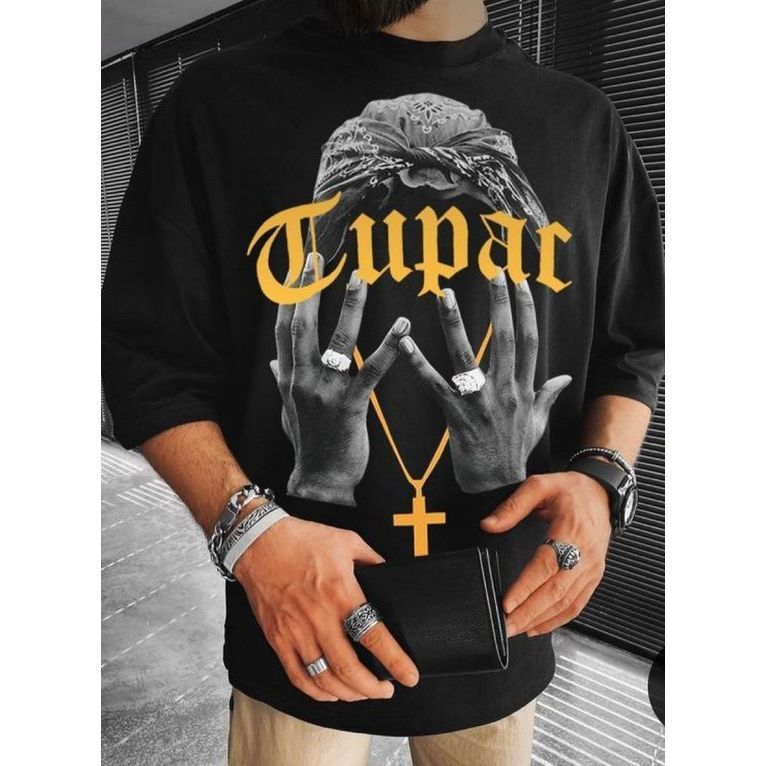 Camiseta Oversized Unissex Casual Confortável 100% Algodão Modelo "2Pac Mãos" Novidade para Academia