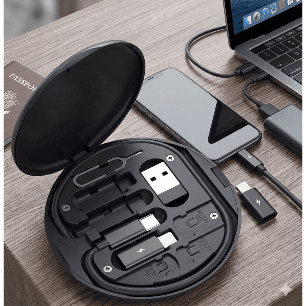 Kit Adaptador 60W Multifuncional 6 em 1 Portátil Organizador de Cabos com Suporte Celular para iPhone Tipo-C Micro USB