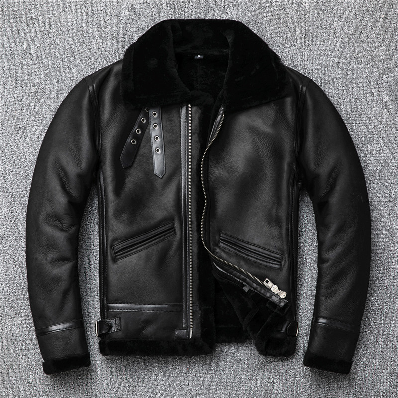 Couro genuíno lã um cordeiro lã masculina jaqueta de couro genuíno Retro lã clássico B3 inverno quente lapela