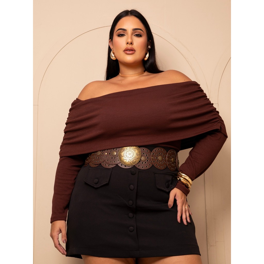 Blusa Plus Size Ombro a Ombro Canelada Manga Longa Feminina Elegante Moderna Confortável Inverno