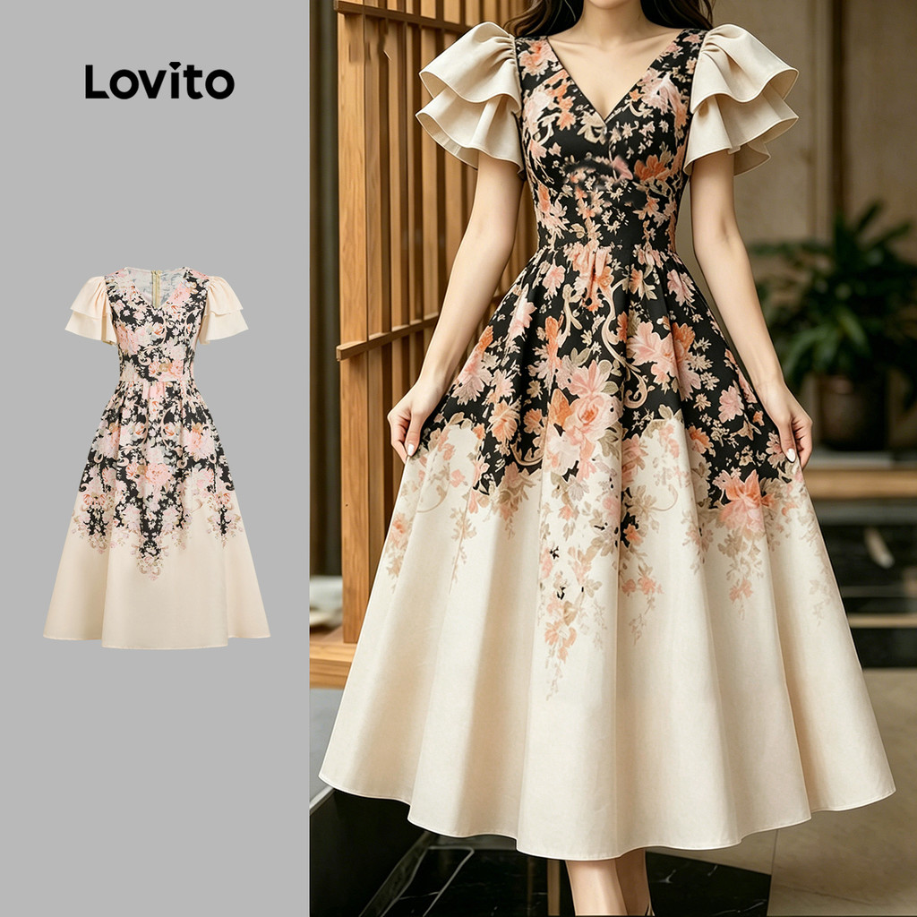 Lovito Vestido Elegante Babado Zíper Vestido Feminino Primavera/Verão LBL35058
