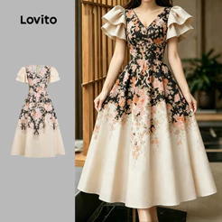 Lovito Vestido Floral Elegante Babado Zíper Vestido Feminino Primavera/Verão LBL35058