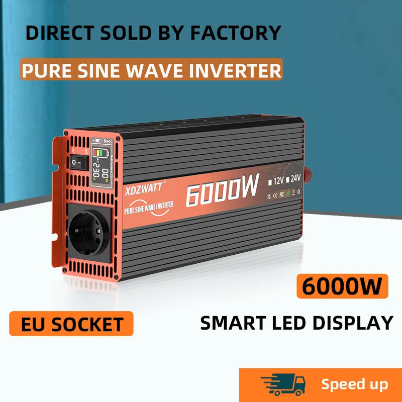 Venda Quente Inversor De Onda Senoidal Pura DC 12V Para AC 220V 50HZ Tomada Ue 6000W LED Voltímetro Conversor Transforma