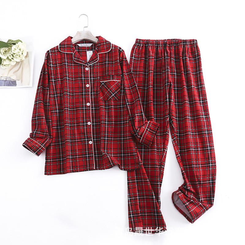 Conjunto de pijamas femininos escovados de flanela de algodão puro Plus Size simples solto primavera outono inverno xadr