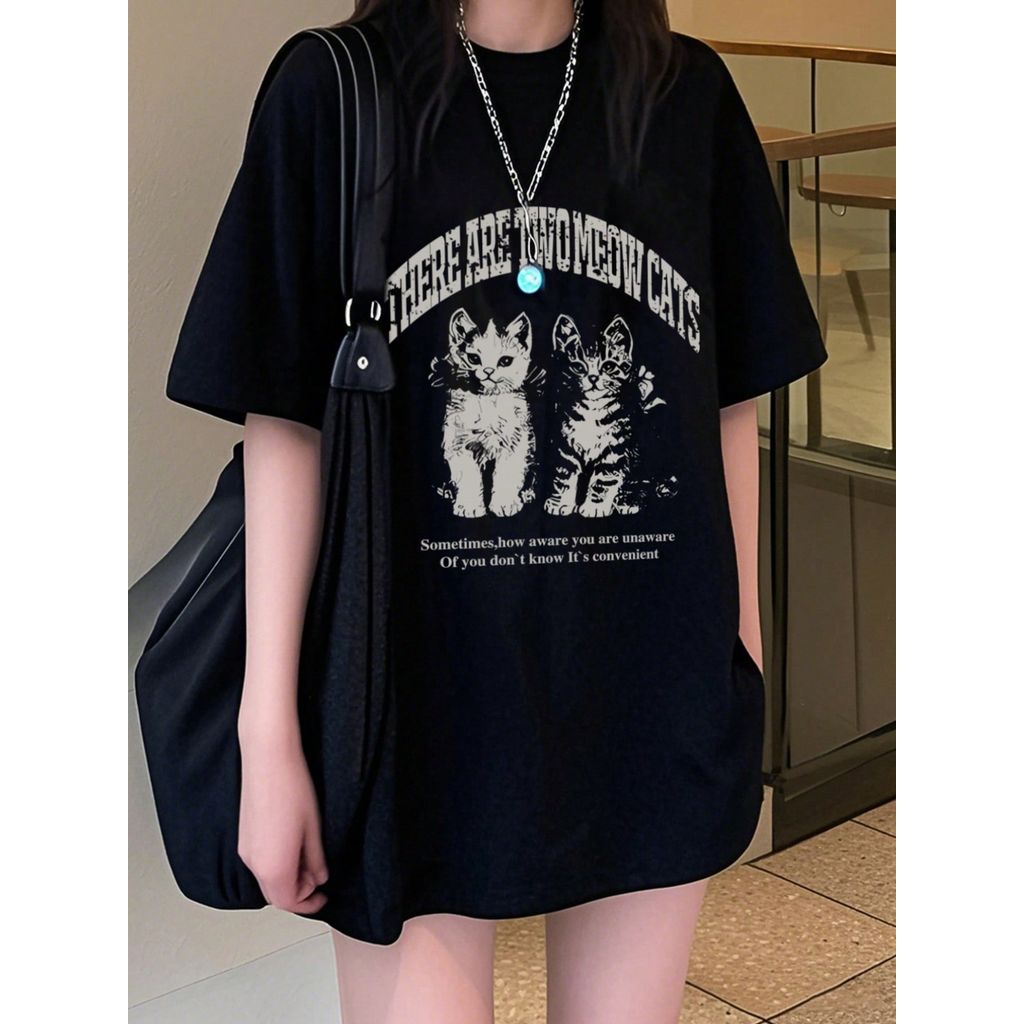 「BR.Moonlight」Camiseta Feminina Gola Redonda Letras Gatinho Fofa Confortável Fofa Divertida Casual