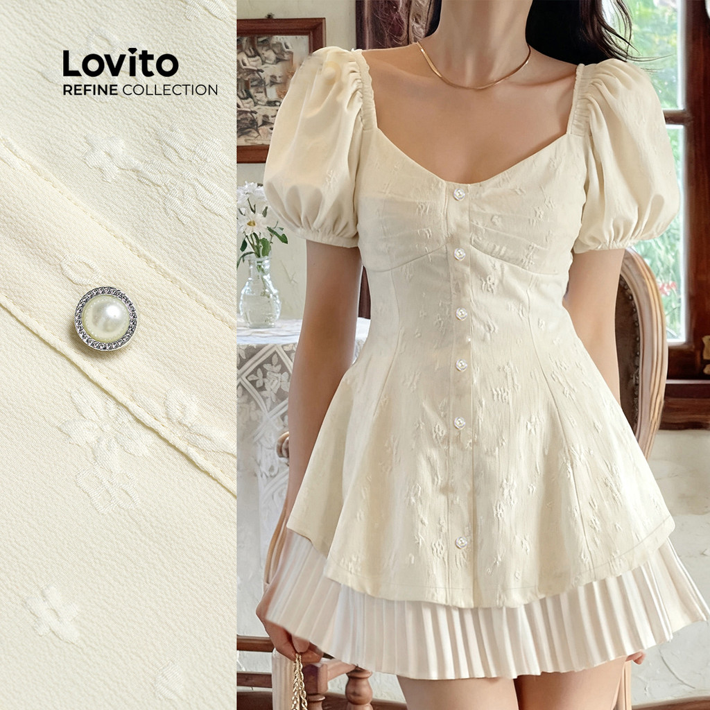 (Refine by Lovito) Vestido Casual Plissado Primavera/verão Vestido Off-white para Mulheres LR26A270