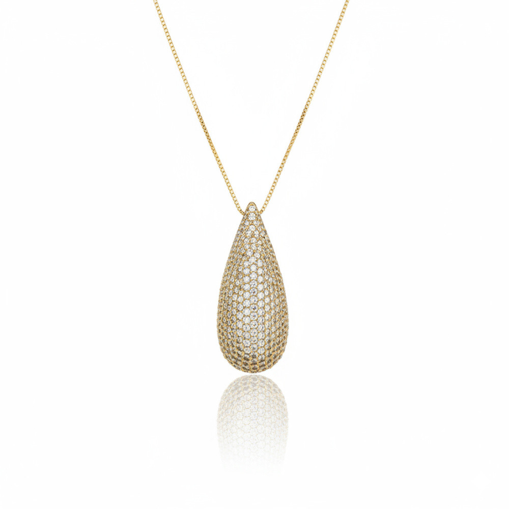 Colar com Gota Grande Cravejada 60cm Banhado | Feminino | Banhado Ouro 18K | Antialérgico | Semijoia | LABRILHO Joias