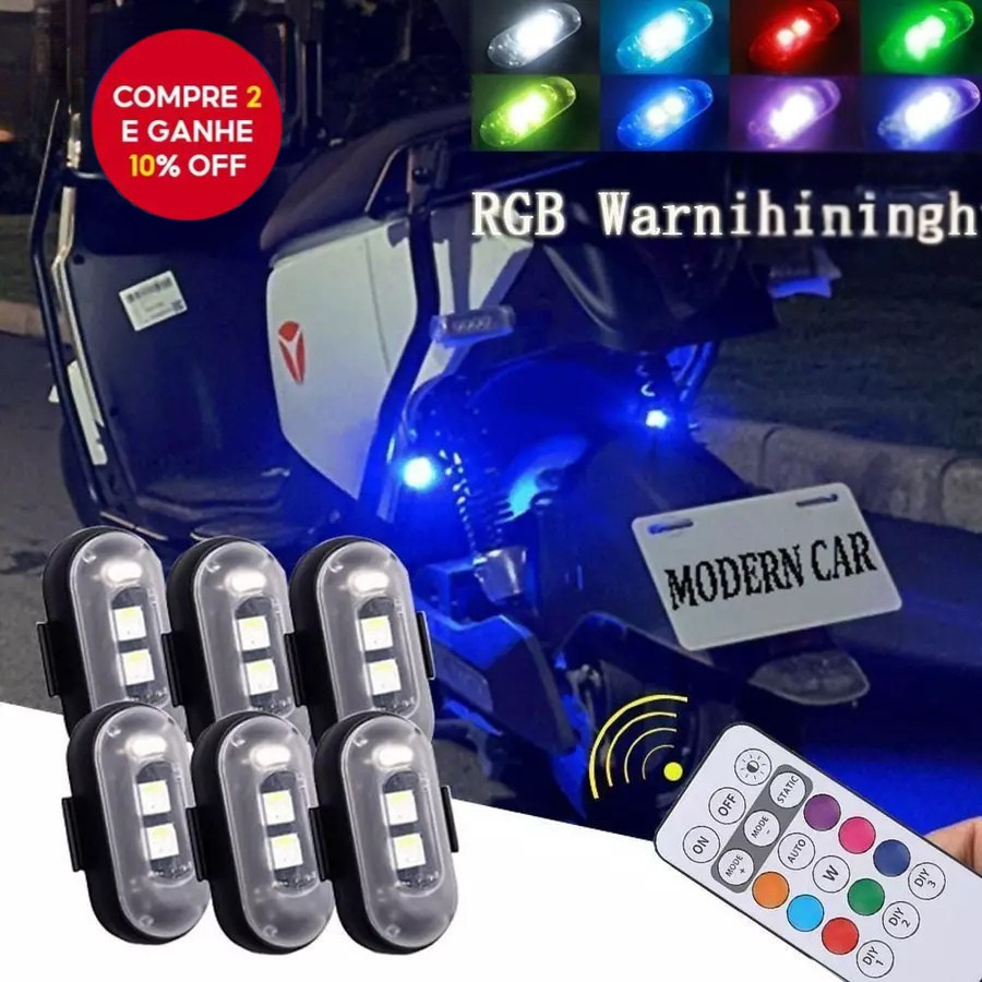 Kit 2/6 Luz LED RGB Estroboscópica com Controle Remoto USB para Moto Drone Carro em Oferta na Shopee