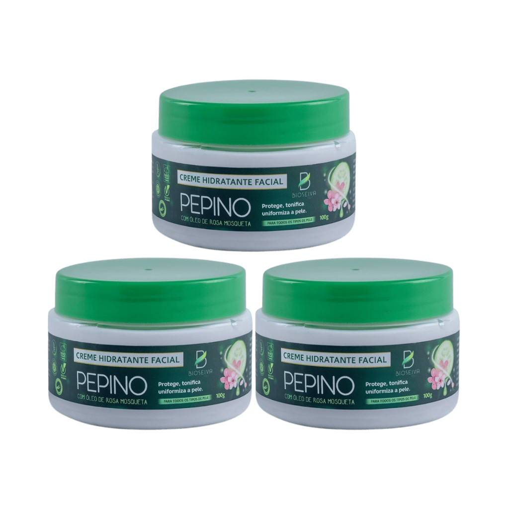 Kit 3 Cremes Hidratantes Faciais BioSeiva 100g – Pepino e Rosa Mosqueta | Vegano e Antissinais