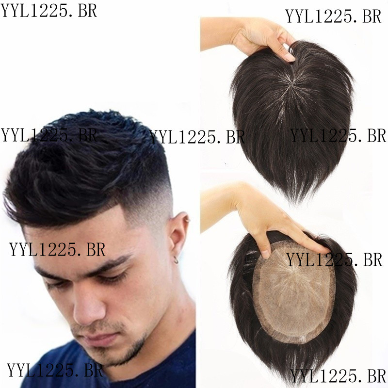 Peruca Para Homens Peças De Cabelo Humano Sistema De Substituição De Peotese Capilar Preto Natural Com Fitas