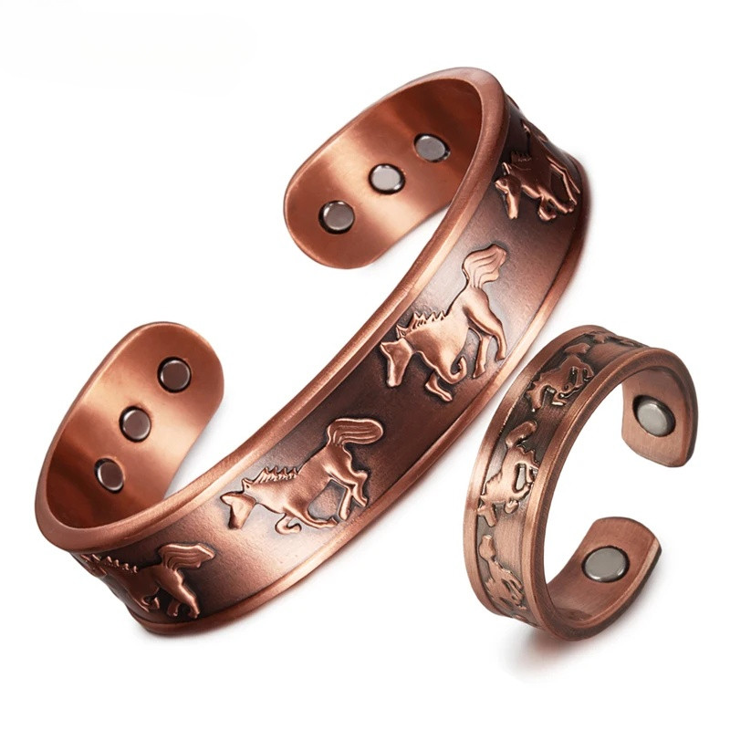Conjunto De Jóias De Cobre Puro Pulseiras De Cavalo Magnético Anéis Energia De Saúde Ajustável Masculino Vintage Manguit