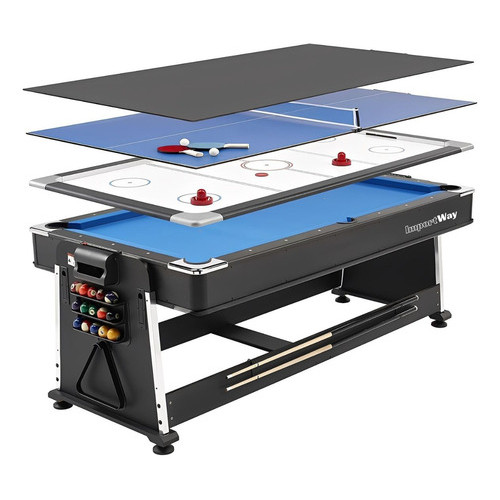 Mesa de Jogos 4 em 1 MDF com Bilhar Ping Pong Air Game e Tampo de Jantar Acessórios Inclusos Uso Residencial