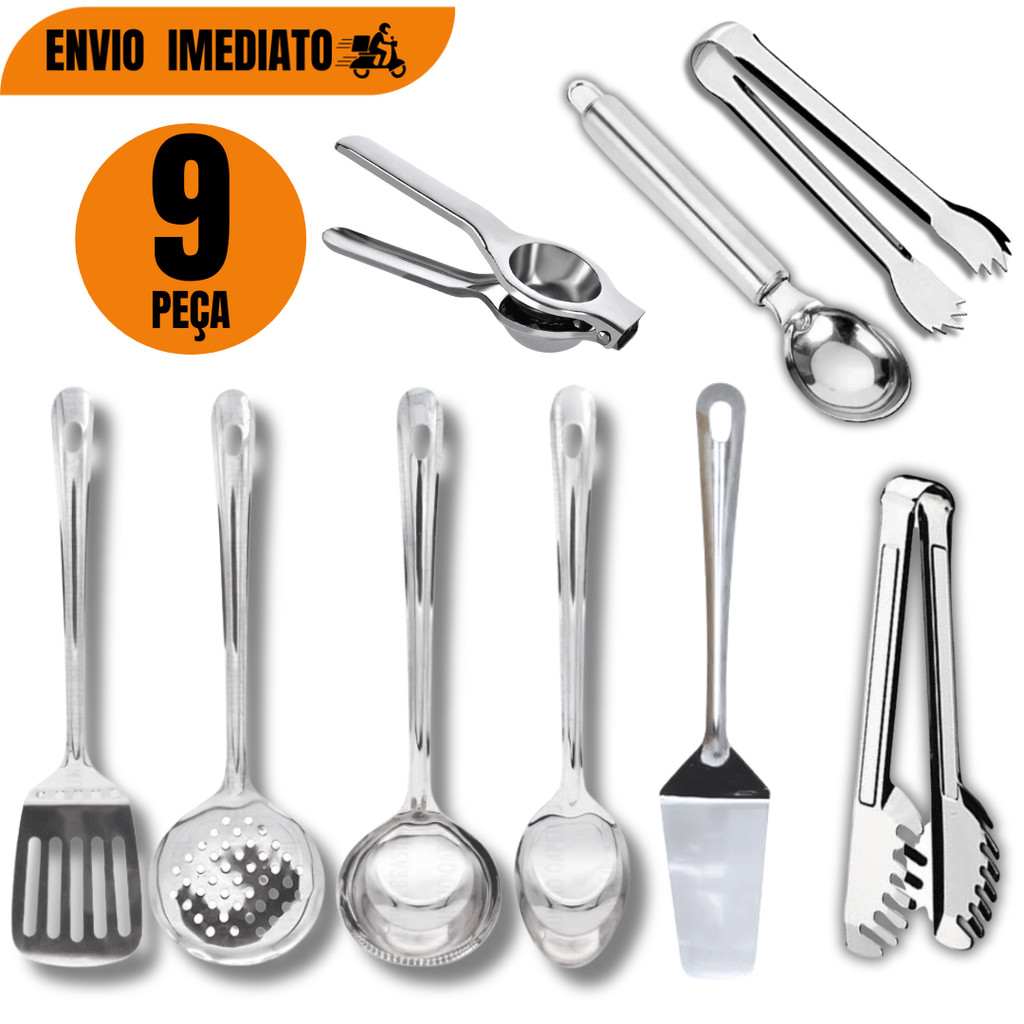 Kit Utensílios de Cozinha Inox 9 Peças Completo Colher Concha Espátulas Pegadores Espremedor Kit Casa Nova Cozinha